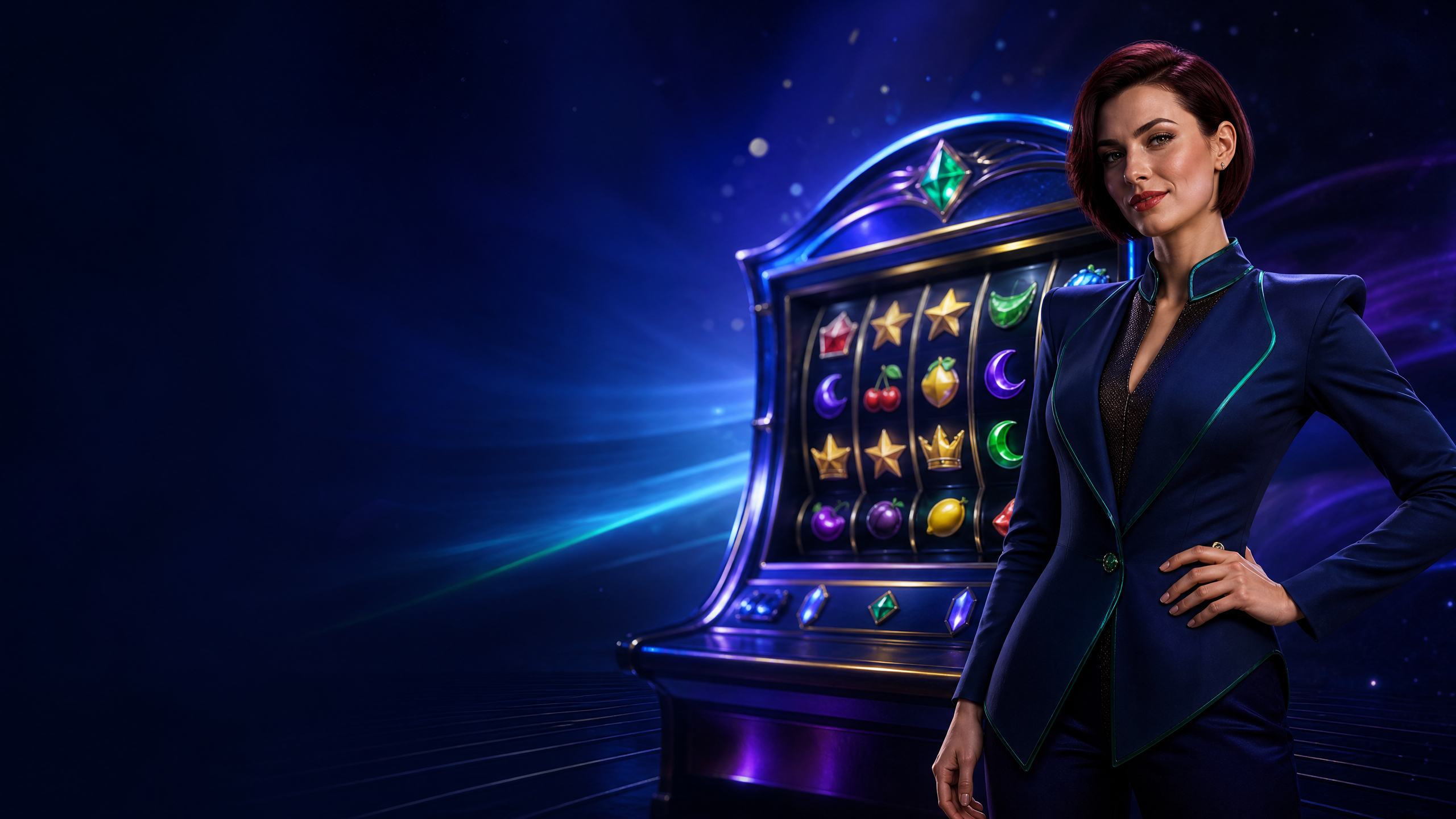 A fictional game host beside a colourful virtual slot cabinet